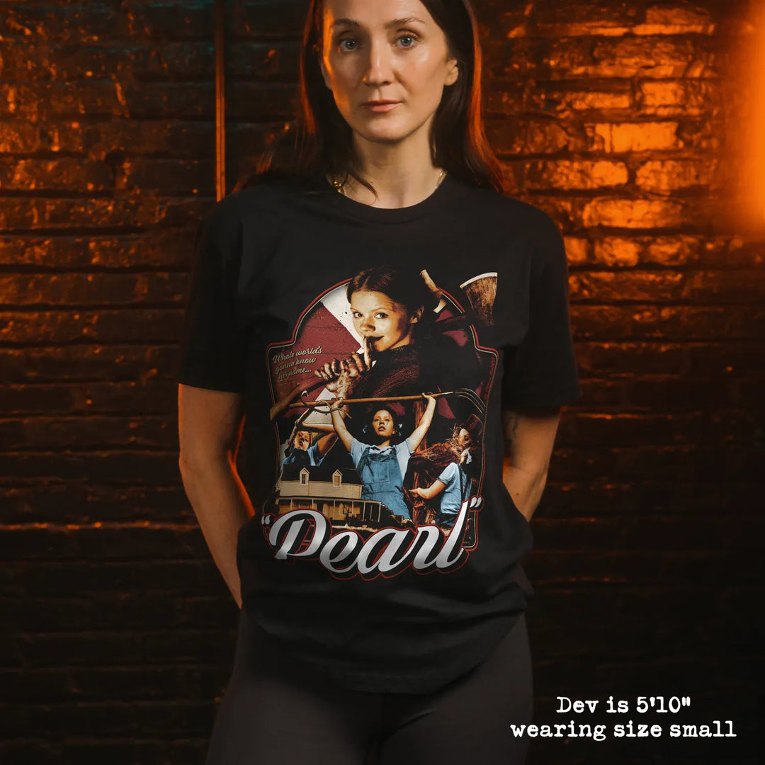 model wear soft premium tee with pearl graphic
