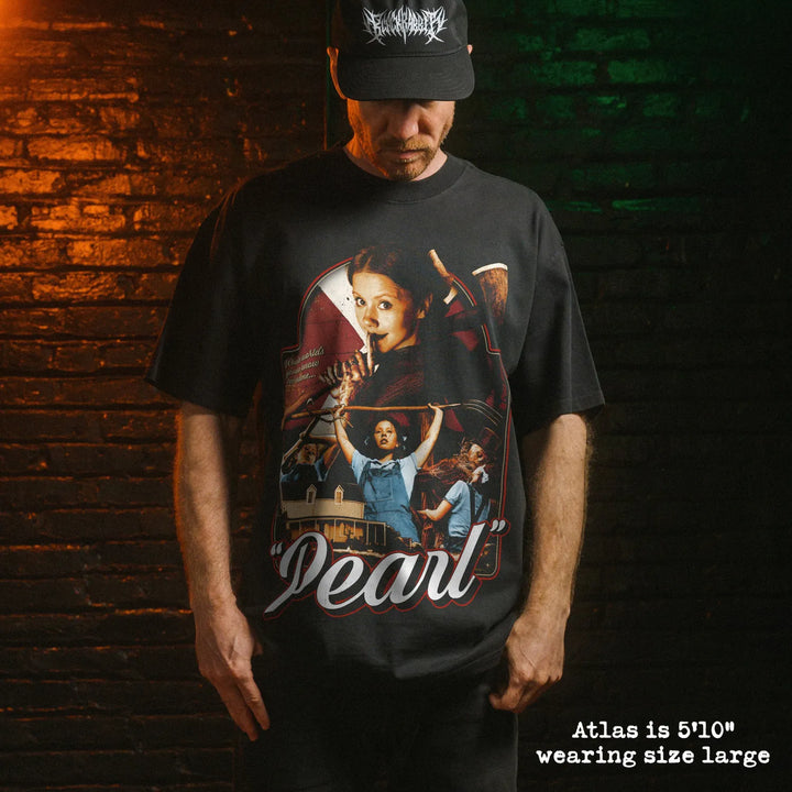 Model wearing heavy tee with pearl graphic 