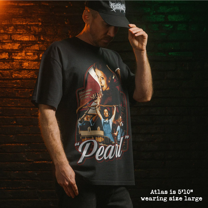 Model wearing heavy tee with pearl graphic 