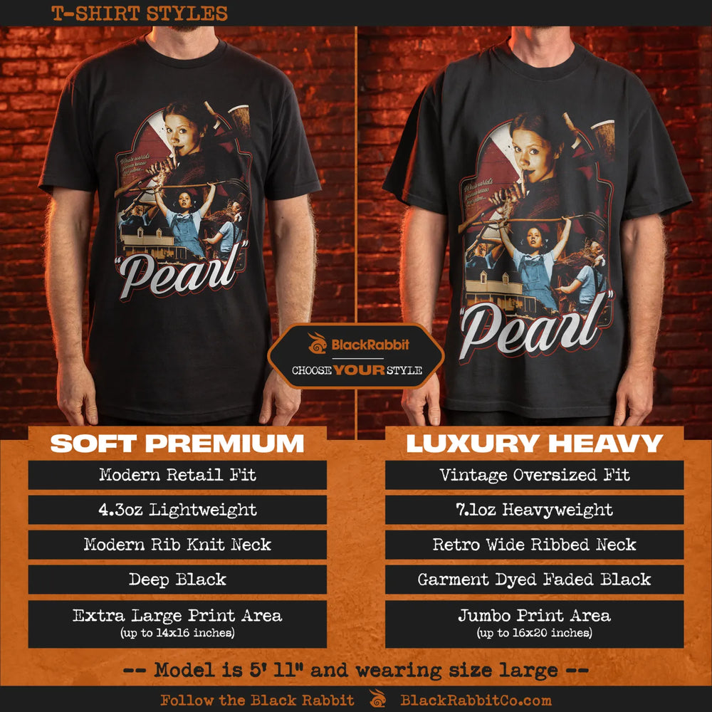 Two black ’Pearl’ graphic t-shirts of differing styles and fits.