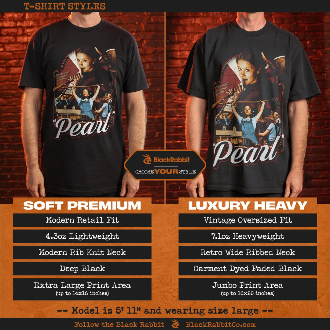 Two black ’Pearl’ graphic t-shirts of differing styles and fits.