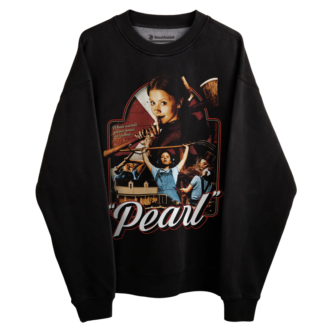 Black sweatshirt with ’pearl’ graphic design featuring a young girl playing the violin.