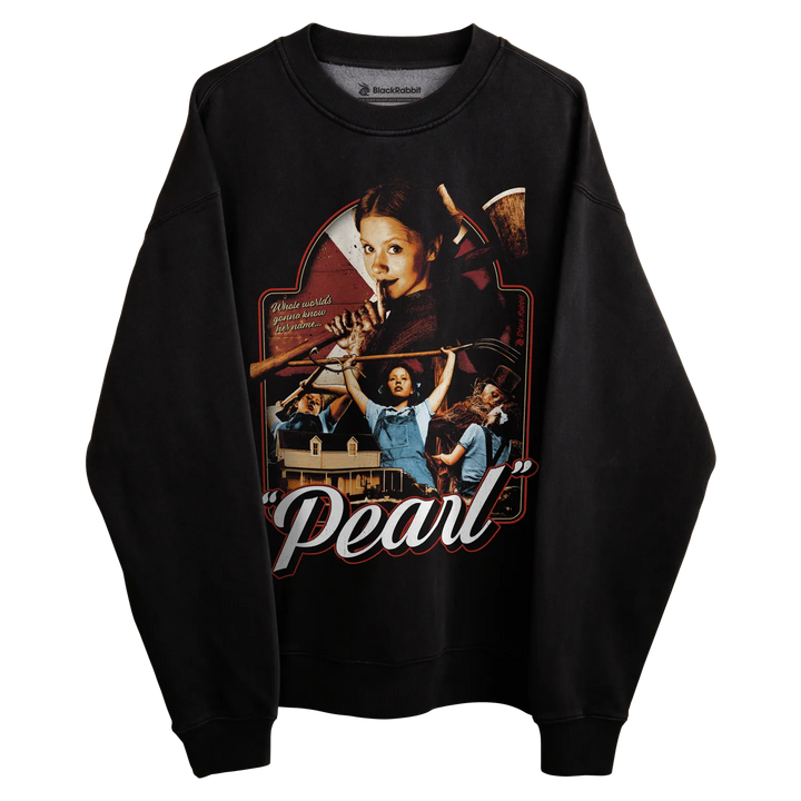 Black sweatshirt with ’pearl’ graphic design featuring a young girl playing the violin.