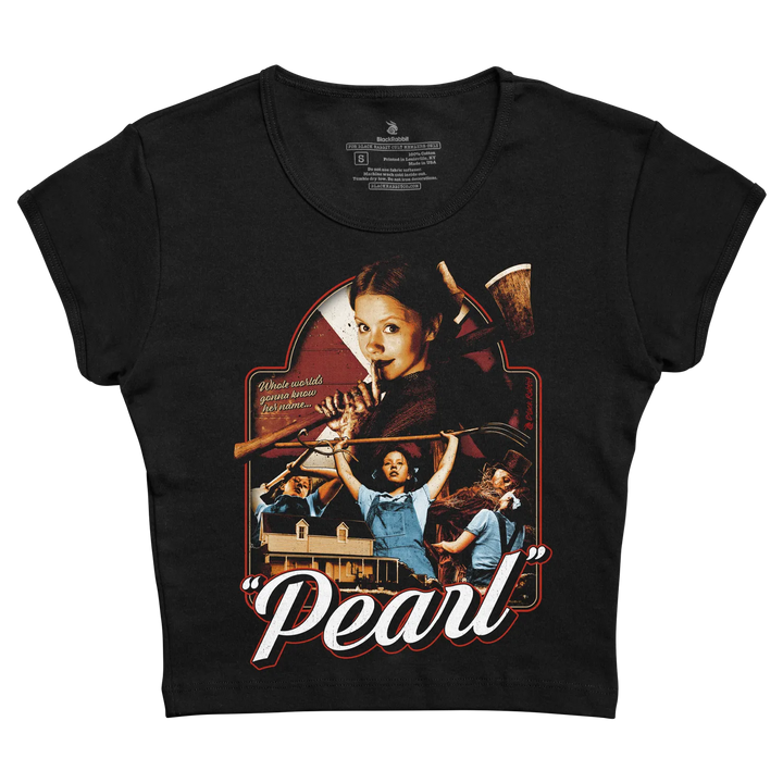 Black cropped t-shirt featuring a graphic print of the movie ’pearl’ with characters in vintage-style imagery and bold red-and-white lettering.