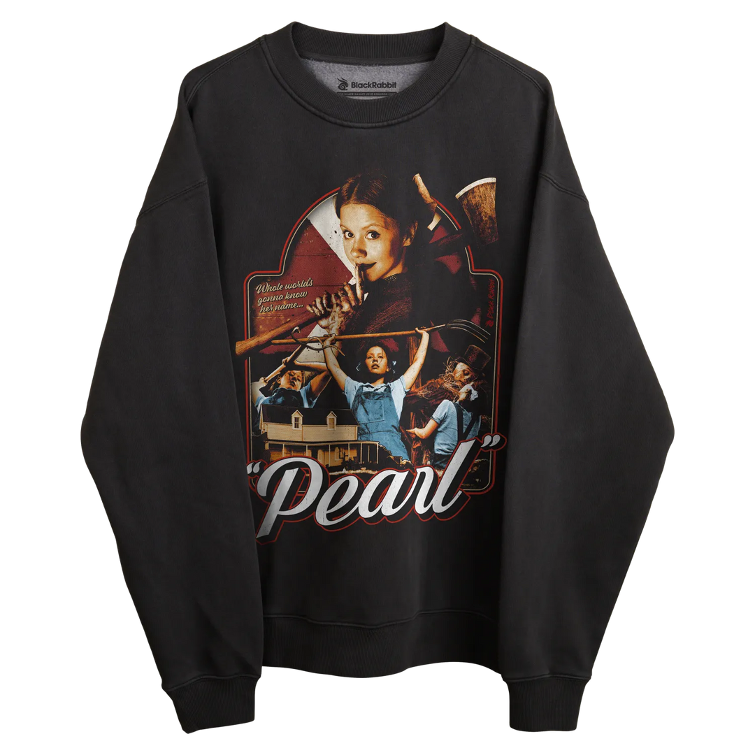 Pearl sweatshirt with graphic design, black background and white text.