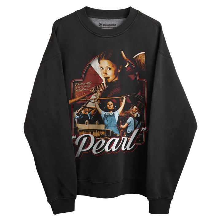 Pearl sweatshirt with graphic design, black background and white text.