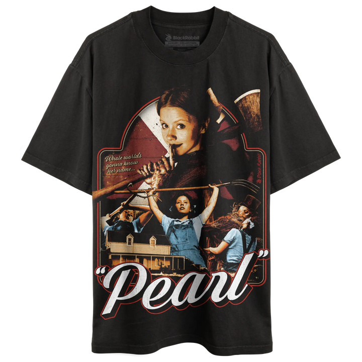 Black short-sleeved t-shirt with a ’Pearl’ movie poster graphic.