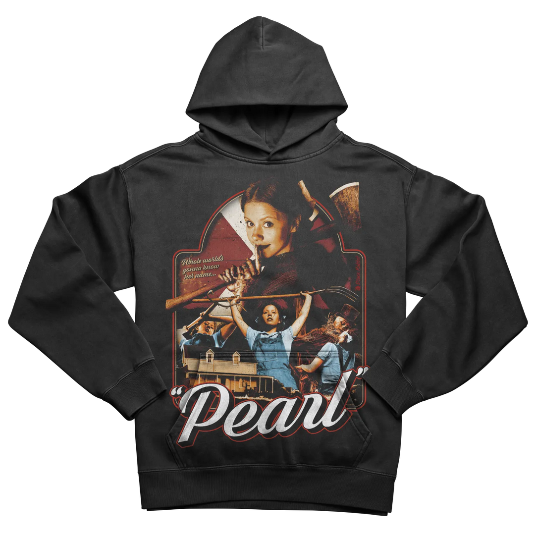 Black hoodie with a ’Pearl’ movie poster graphic.