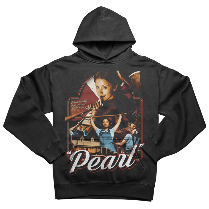 Black hoodie with a ’Pearl’ movie poster graphic.