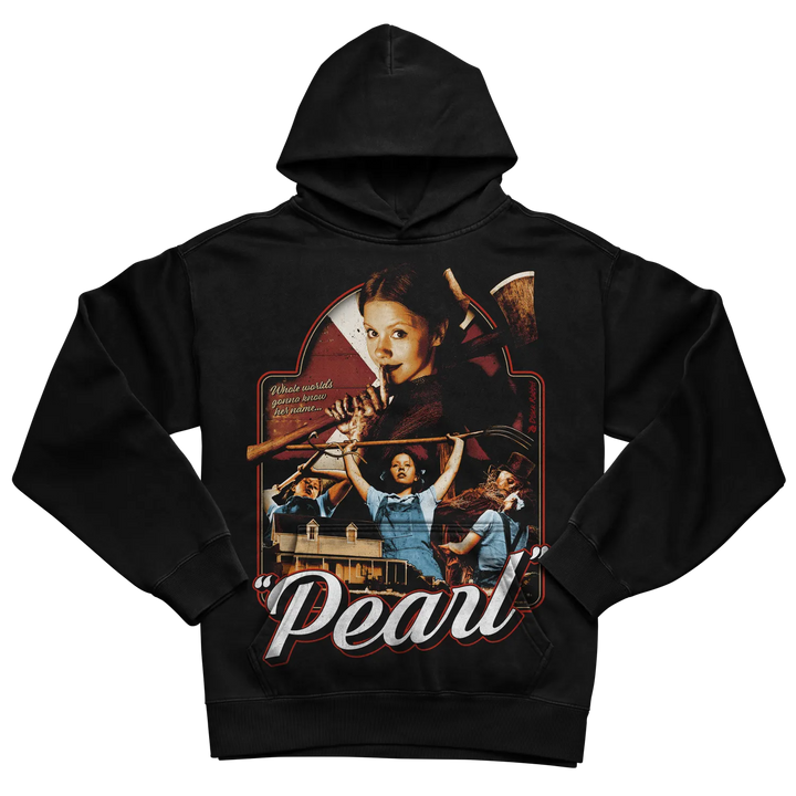 Black hoodie with ’pearl’ graphic design featuring a woman playing violin and other figures, likely made of cotton or polyester blend.