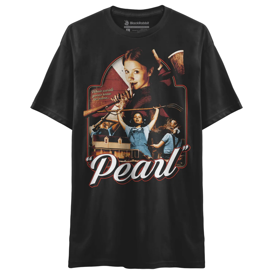 Black short-sleeved t-shirt with a ’Pearl’ movie poster graphic.