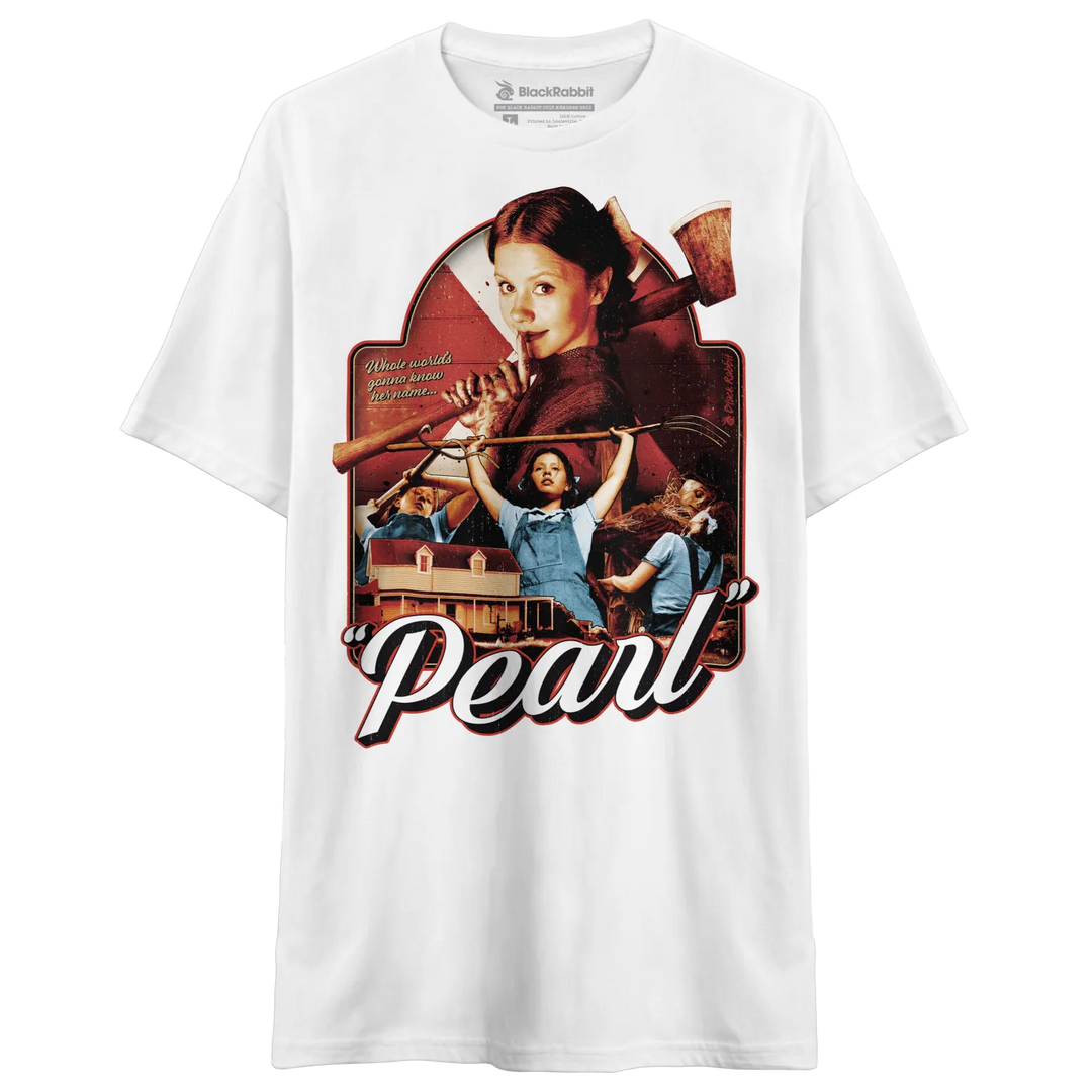 White t-shirt with a ’Pearl’ movie poster graphic.