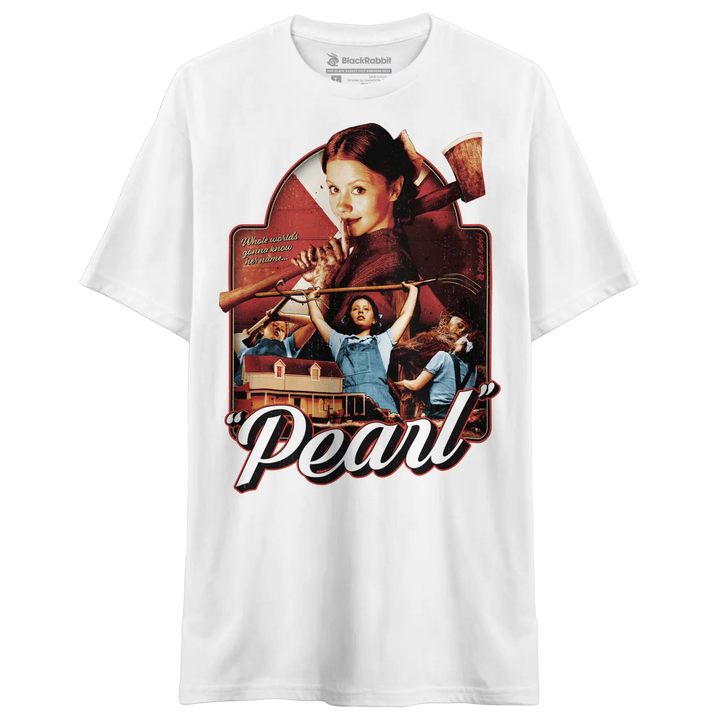 White t-shirt with a ’Pearl’ movie poster graphic.