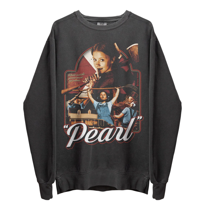 Dark gray long-sleeve crewneck sweatshirt with a colorful ’Pearl’ movie poster graphic.