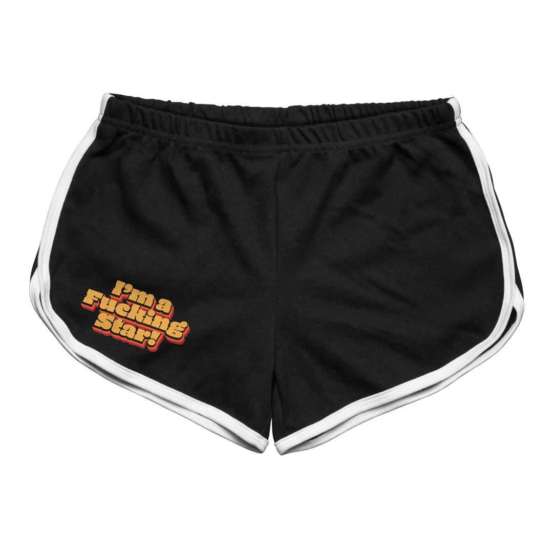 Black rabbit pearl x retro sport women’s shorts in black with white side stripes elastic waistband and bold orange-red graphic