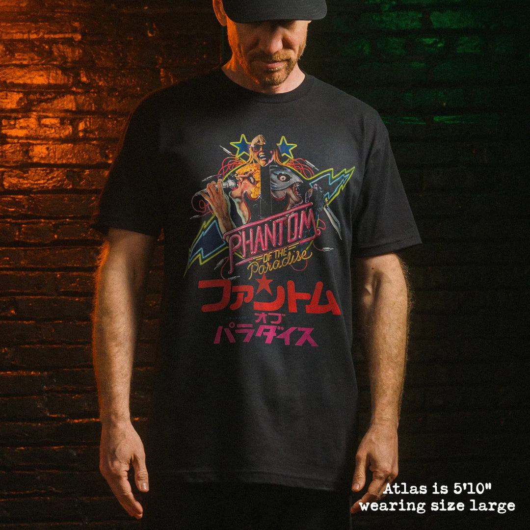 Male model wear soft premium tee with phantom of the paradise graphic
