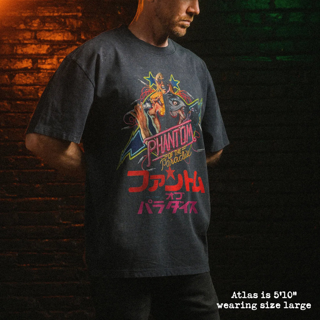 Male model wearing stone wash heavy tee with phantom of the paradise japan graphic 