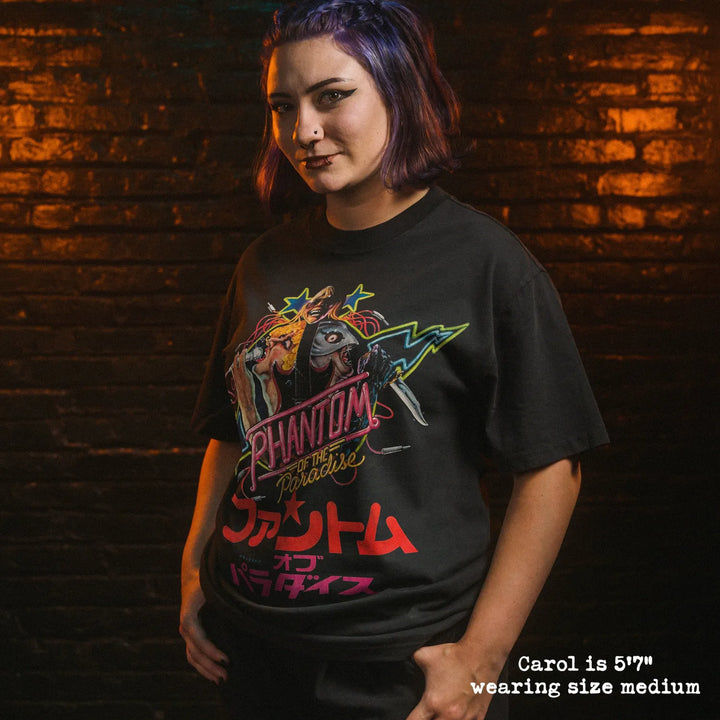 Model wearing heavy tee with phantom of the paradise japan graphic 