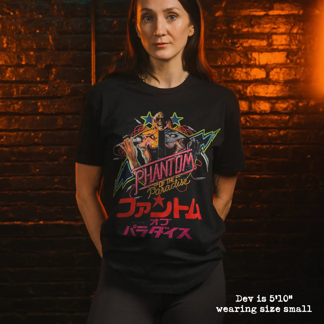 model wear soft premium tee with phantom of the paradise graphic
