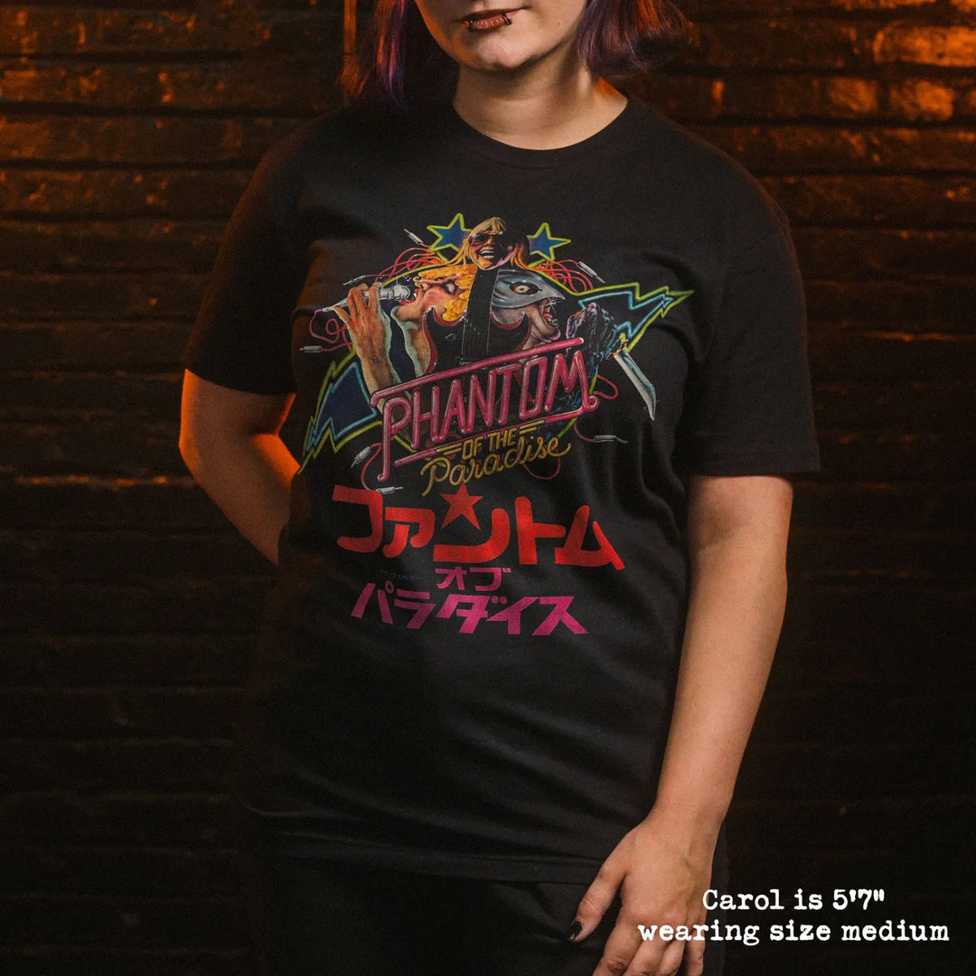 model wear soft premium tee with phantom of the paradise graphic
