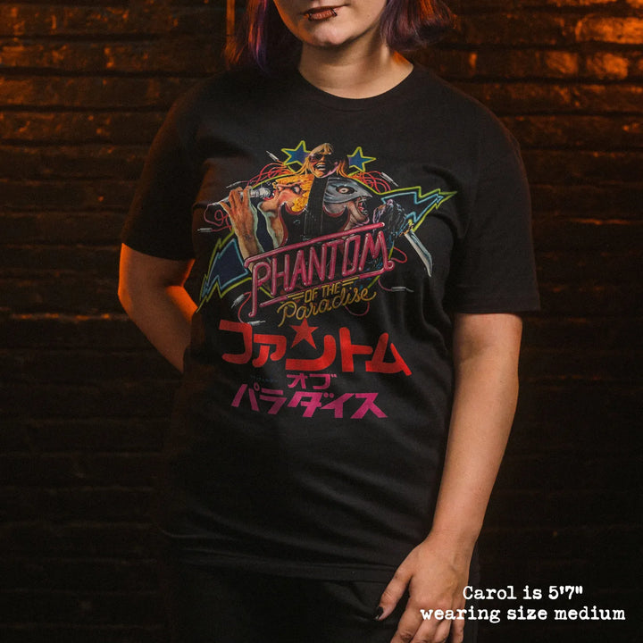 model wear soft premium tee with phantom of the paradise graphic
