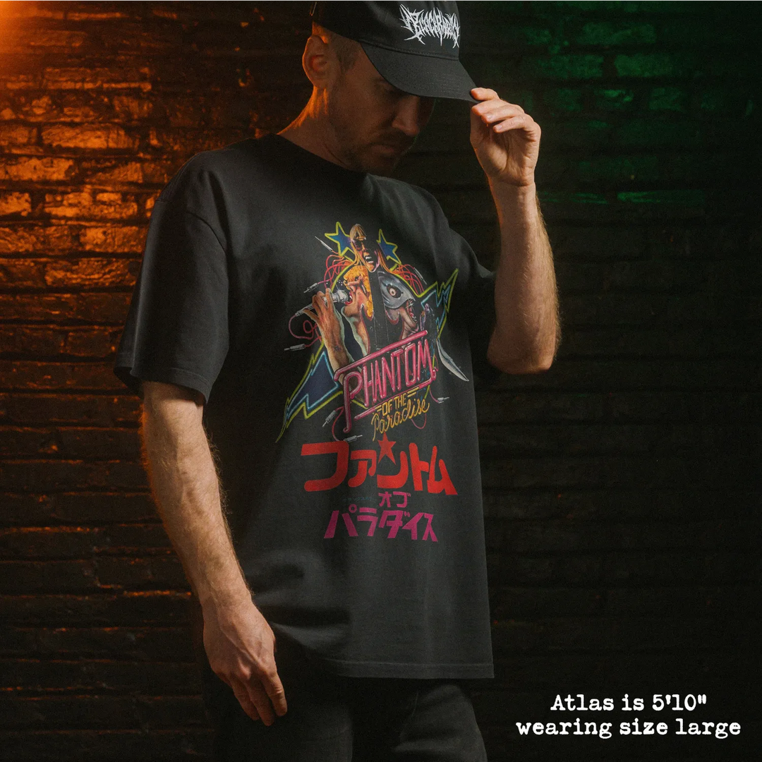 Model wearing heavy tee with phantom of the paradise graphic 