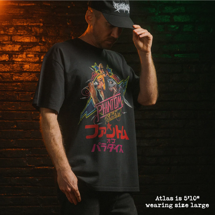 Model wearing heavy tee with phantom of the paradise graphic 