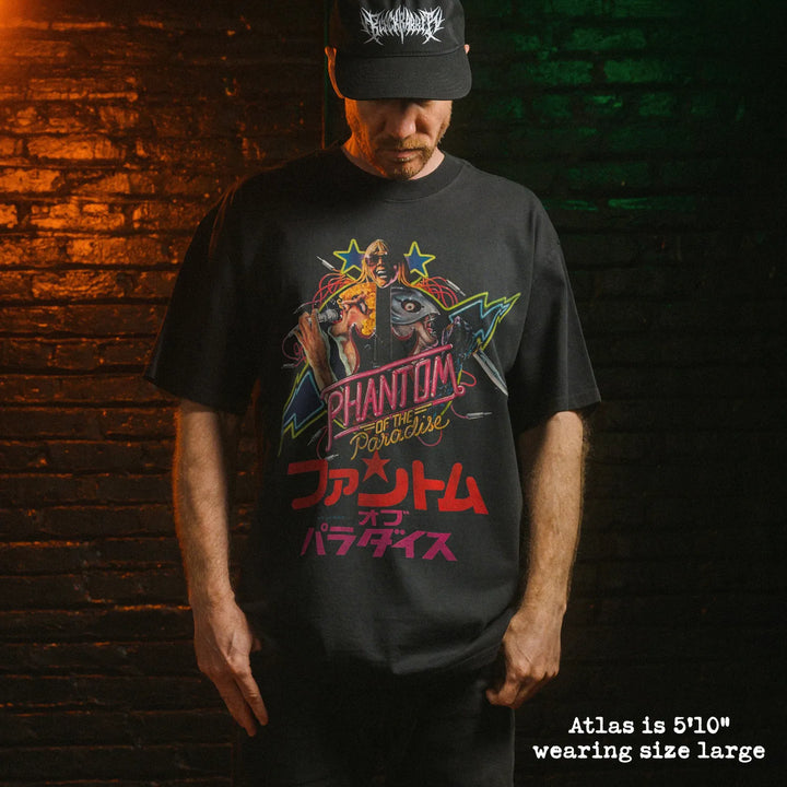 Model wearing heavy tee with phantom of the paradise japan graphic 