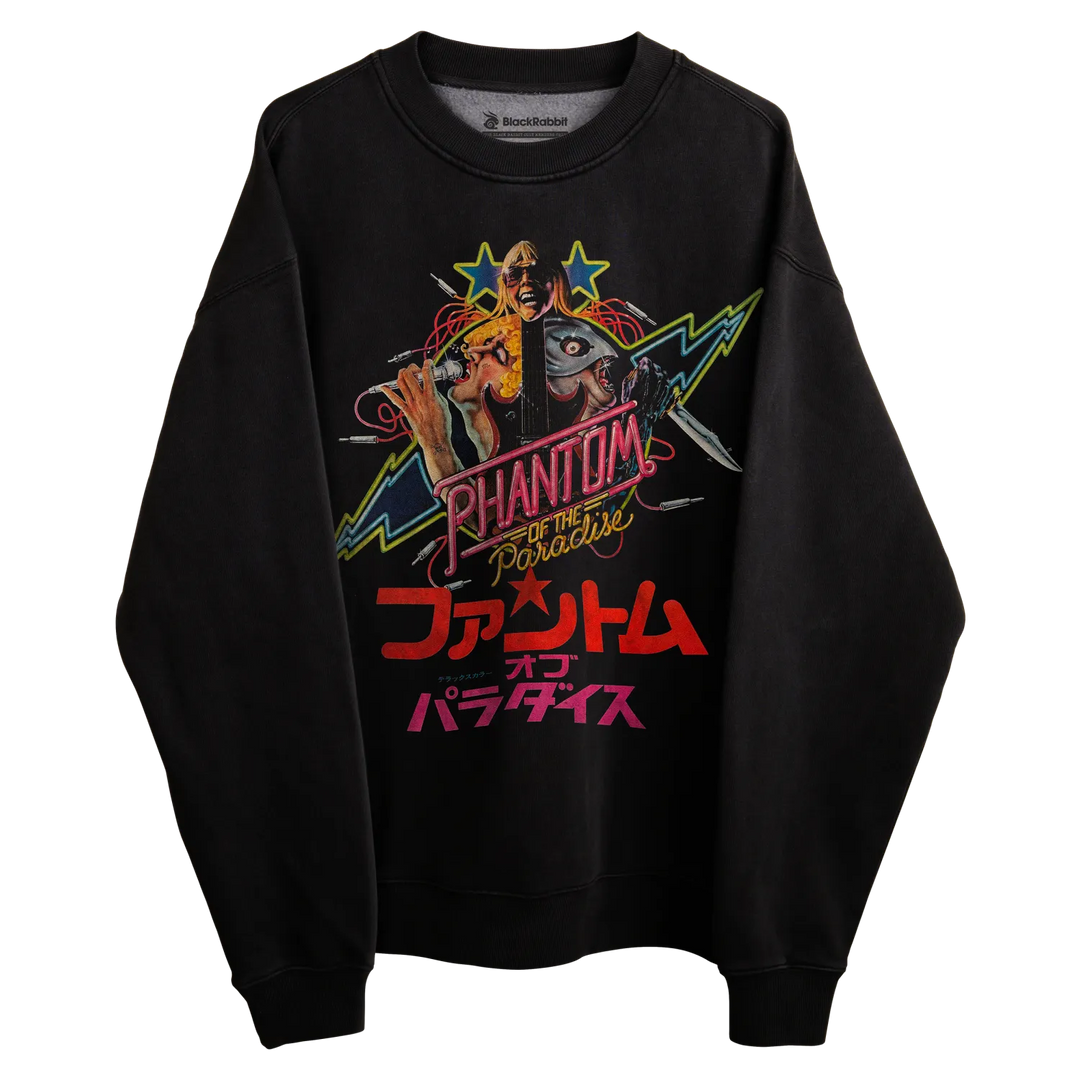 Black sweatshirt with ’phantom of the paradise’ graphic design featuring a colorful retro-style illustration.