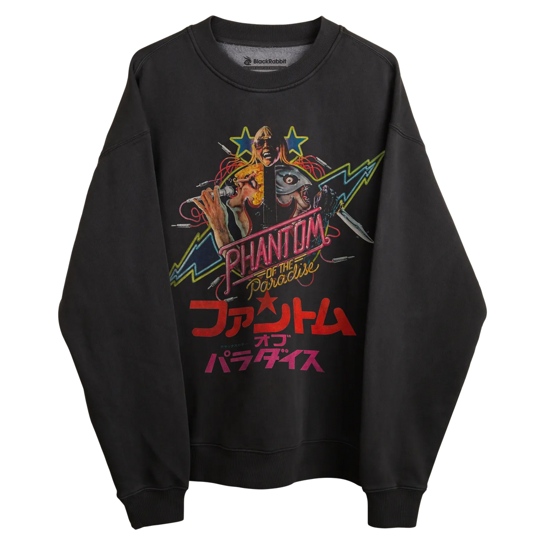 Black sweatshirt with colorful graphic design featuring ’phantom of the paradise’ and japanese text.
