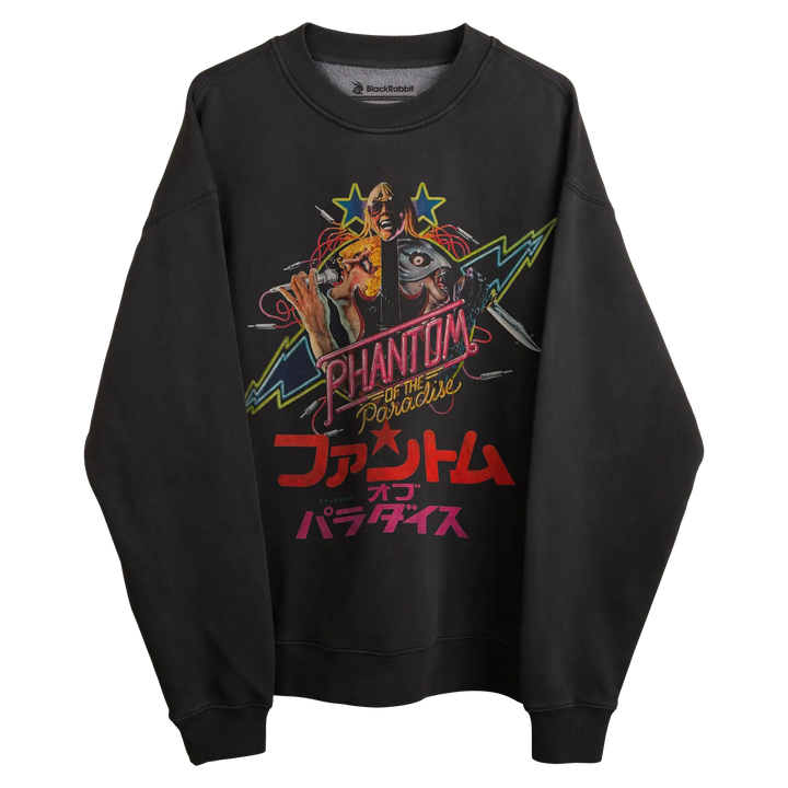 Black sweatshirt with colorful graphic design featuring ’phantom of the paradise’ and japanese text.