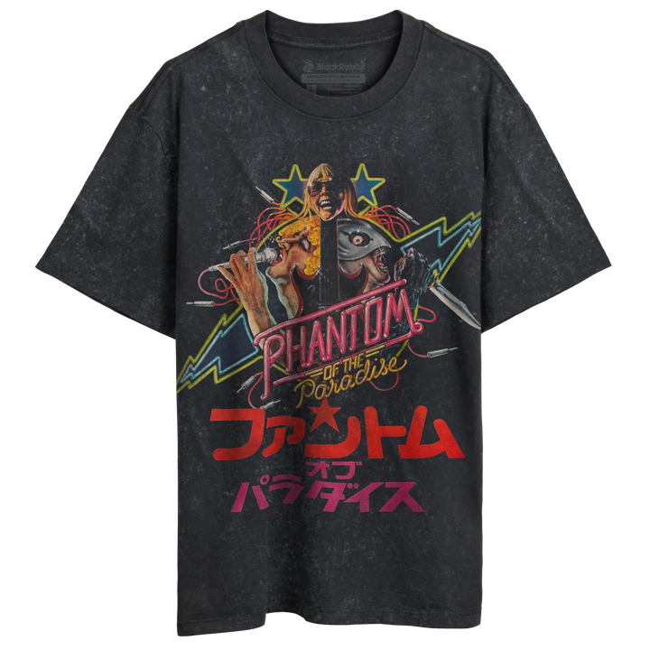 Dark gray short-sleeved t-shirt with a colorful graphic print.