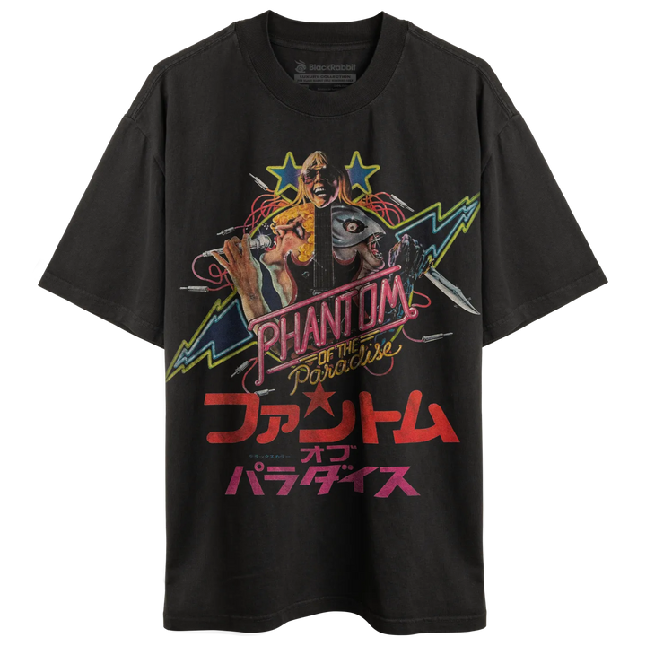 Black crew neck graphic t-shirt.