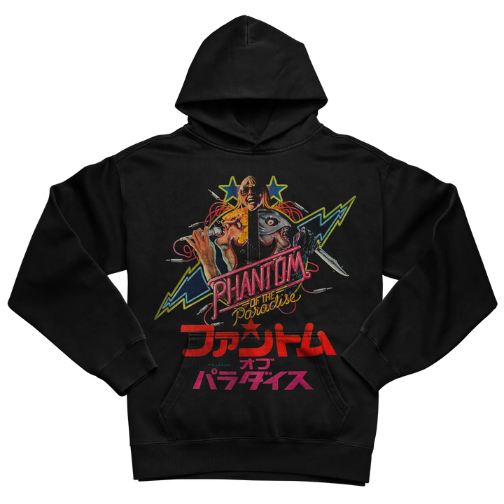 Black hoodie with ’phantom paradise’ graphic design featuring two characters and japanese text.