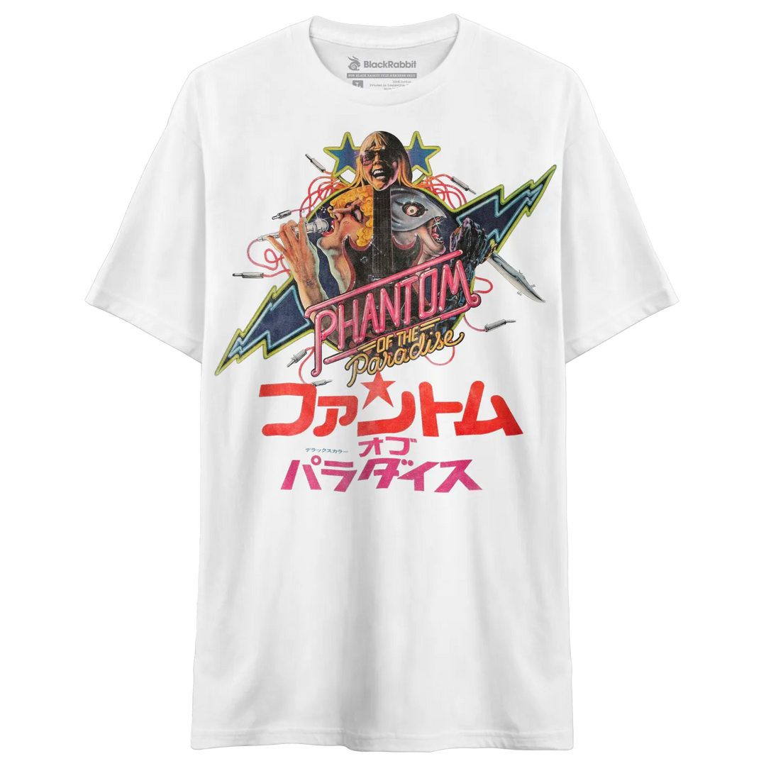 White crew-neck t-shirt with a colorful graphic print featuring a character from ’Phantom of the Paradise’ and Japanese text.