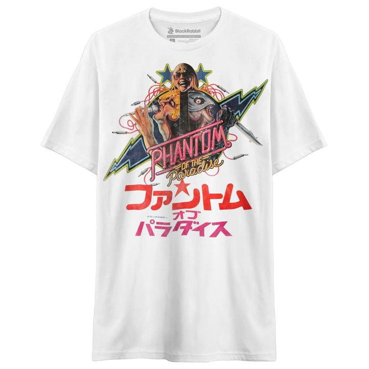 White crew-neck t-shirt with a colorful graphic print featuring a character from ’Phantom of the Paradise’ and Japanese text.