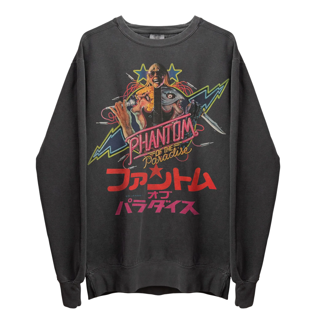 Dark grey long-sleeved crewneck sweatshirt with a colorful graphic print.