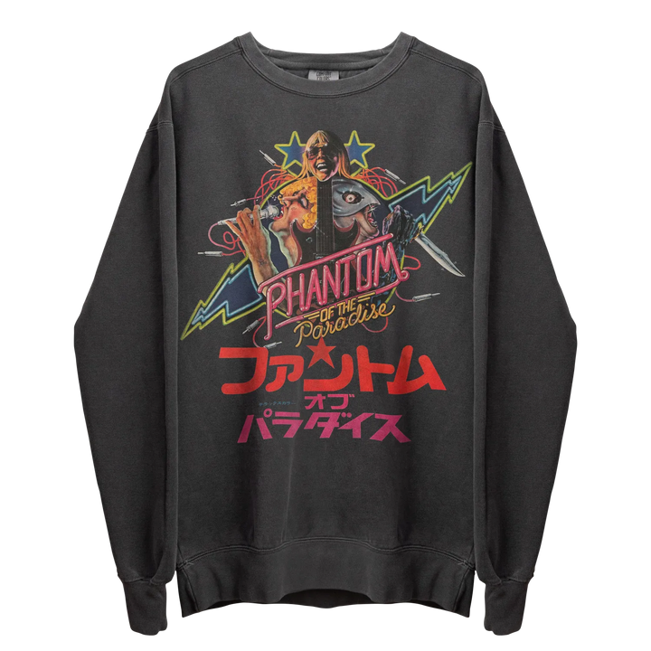 Dark grey long-sleeved crewneck sweatshirt with a colorful graphic print.