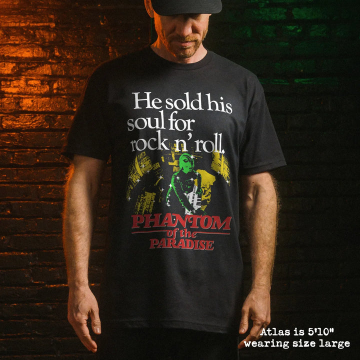 Male model wear soft premium tee with phantom of the paradise graphic
