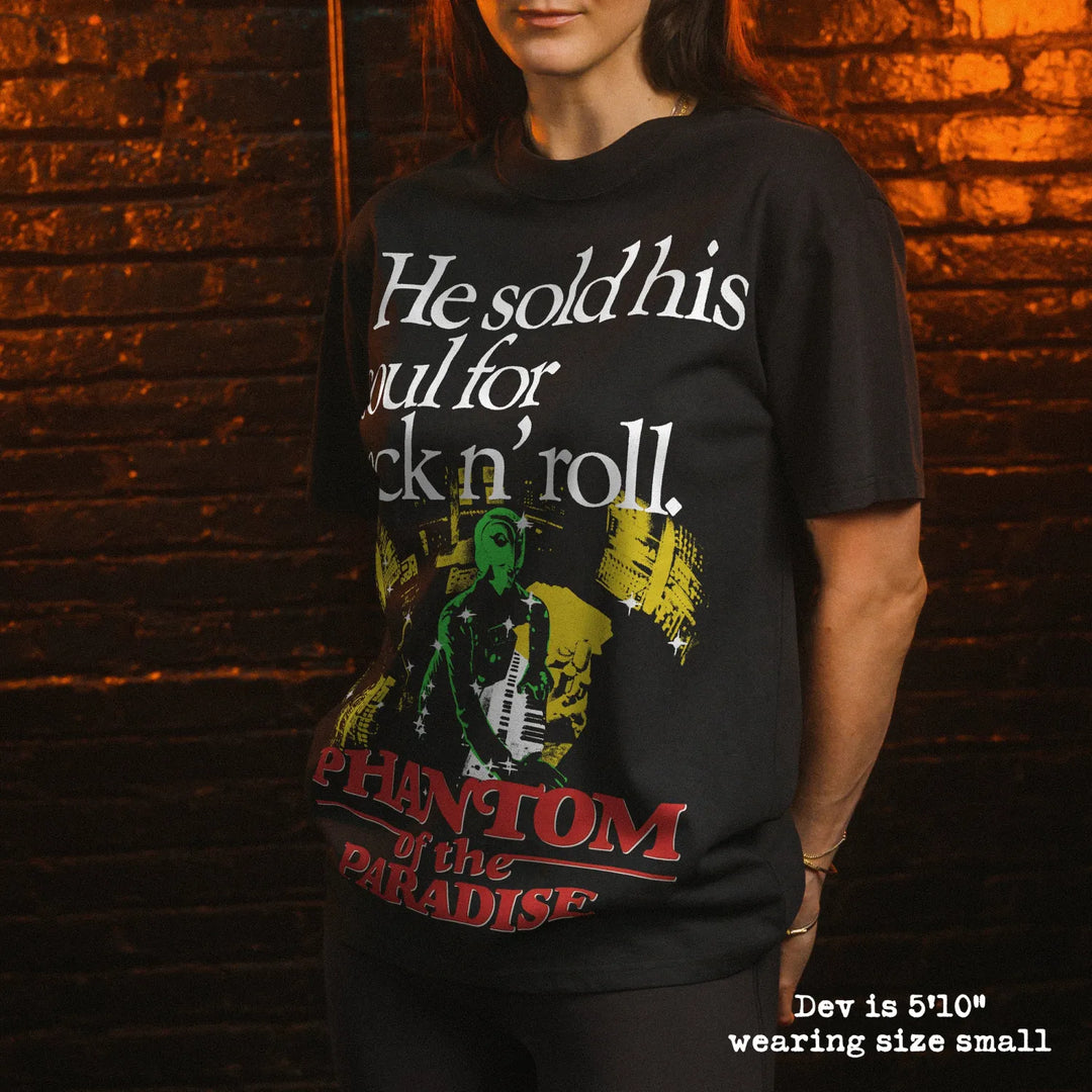 Model wearing heavy tee with phantom of the paradise graphic 