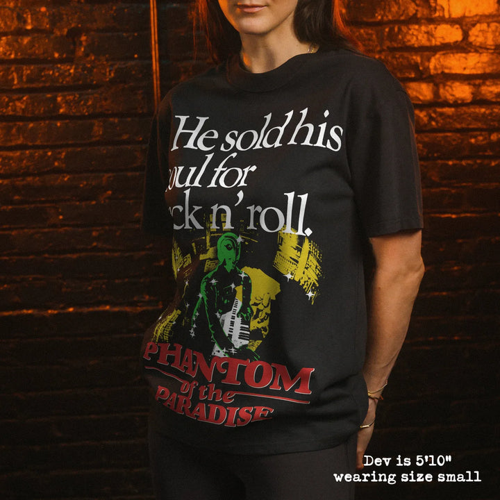 Model wearing heavy tee with phantom of the paradise graphic 