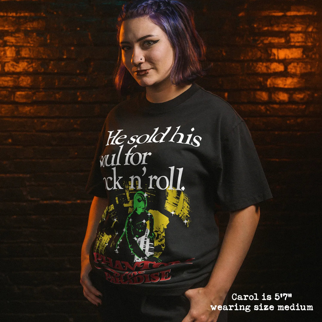 Model wearing heavy tee with phantom of the paradise graphic 