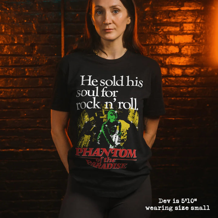 model wear soft premium tee with phantom of the paradise graphic
