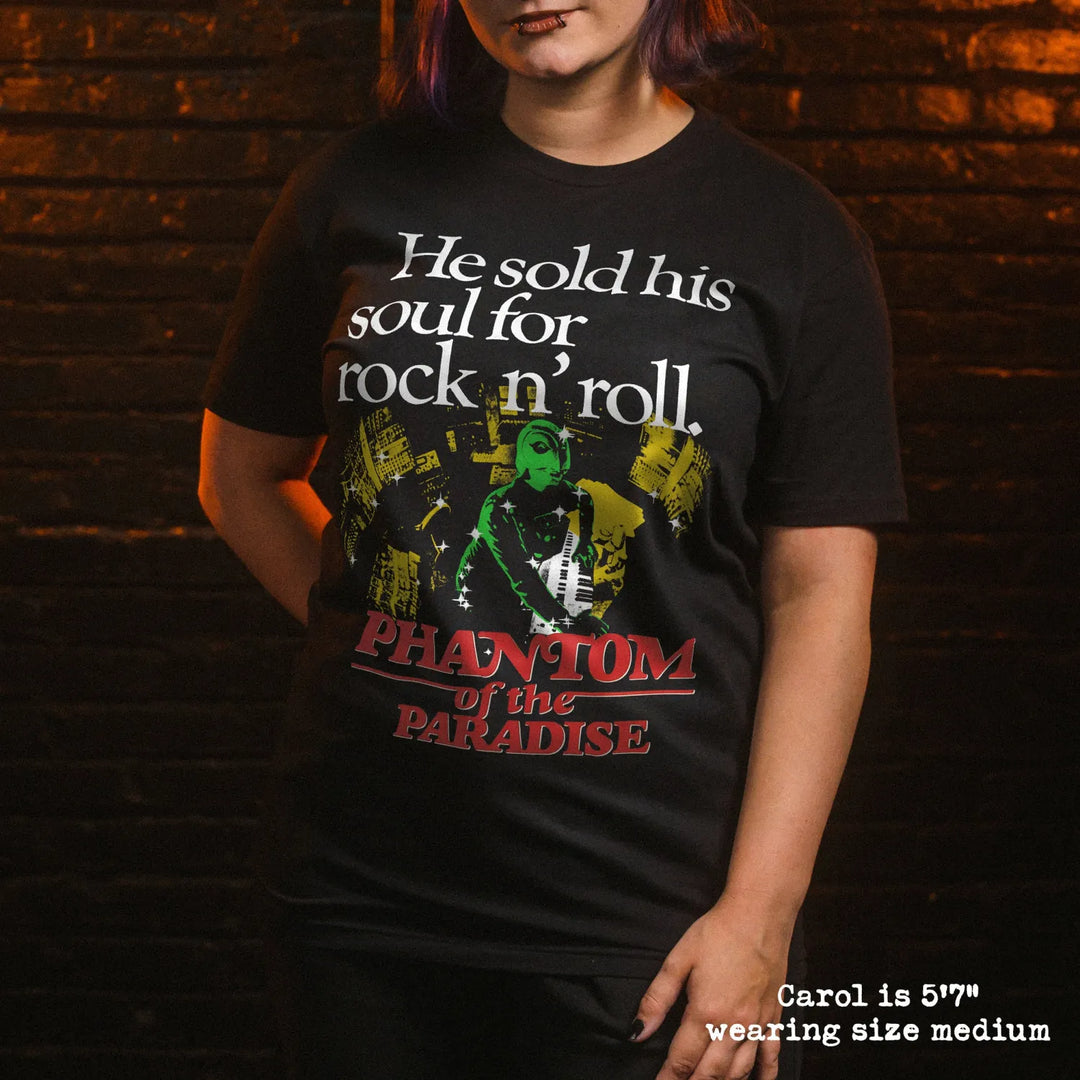 model wear soft premium tee with phantom of the paradise graphic
