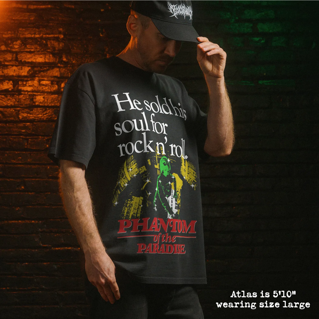 Model wearing heavy tee with phantom of the paradise graphic 