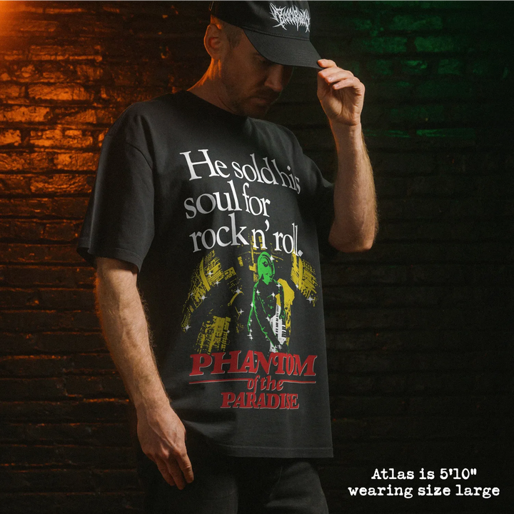 Model wearing heavy tee with phantom of the paradise graphic 