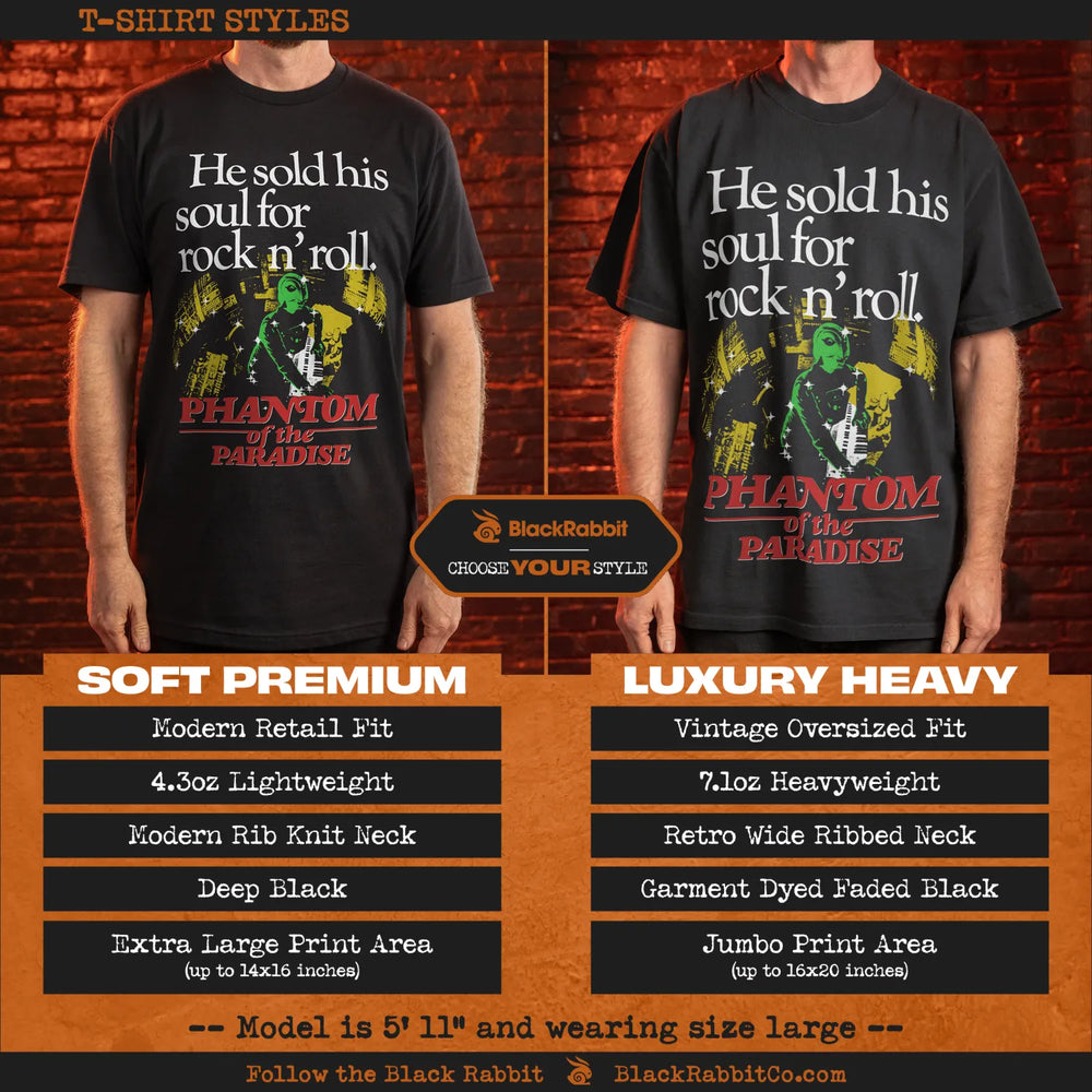Comparison of two black t-shirt styles with a ’Phantom of the Paradise’ graphic.