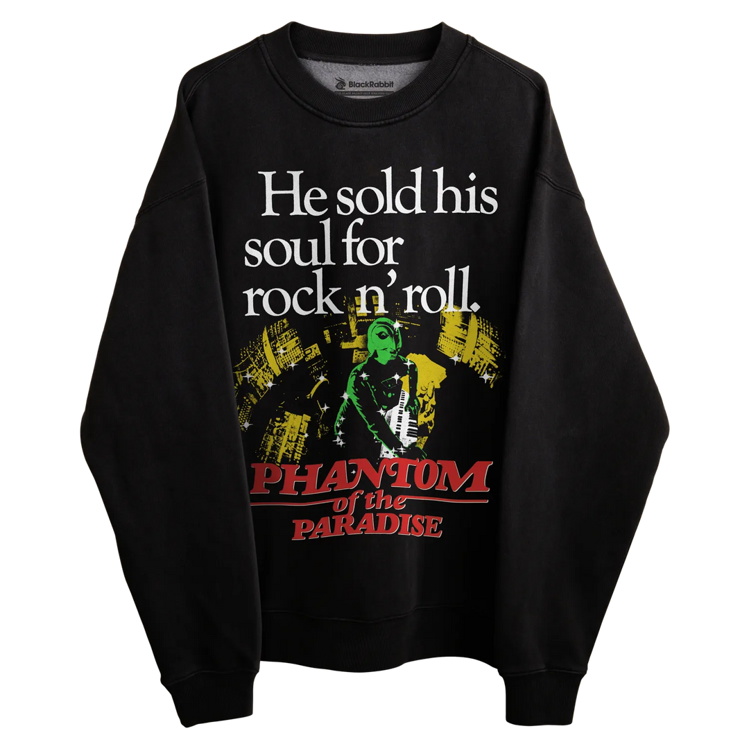 Black sweatshirt with ’phantom of the paradise’ graphic and text.