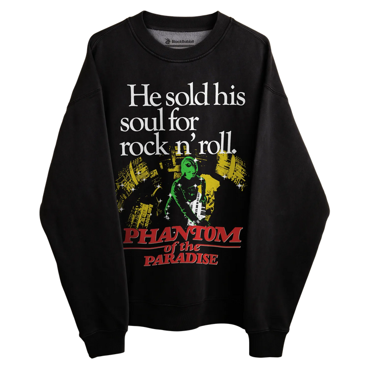 Black sweatshirt with ’phantom of the paradise’ graphic and text.