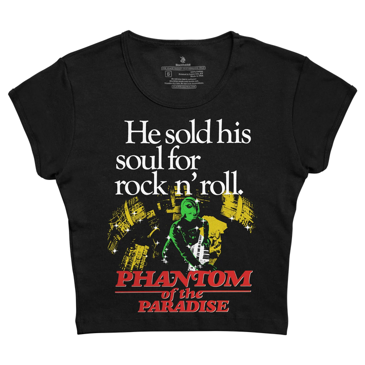 Black cropped t-shirt featuring a graphic of a green-skinned guitarist with the text ’he sold his soul for rock n’ roll’ and ’phantom of the paradise’ in red lettering.